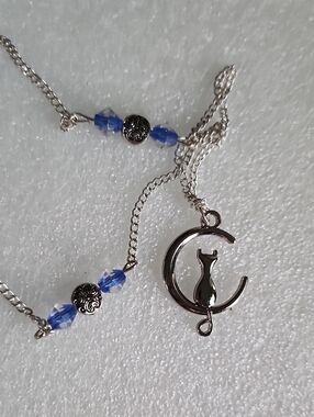 Hand Crafted Silver Cat Crescent Necklace with Blue Beads